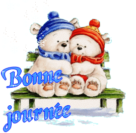 "Bonne journée" - Deux oursons sur un banc sous la neige...