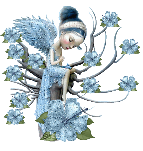 Elfe en prière sur une branche fleurie bleue...