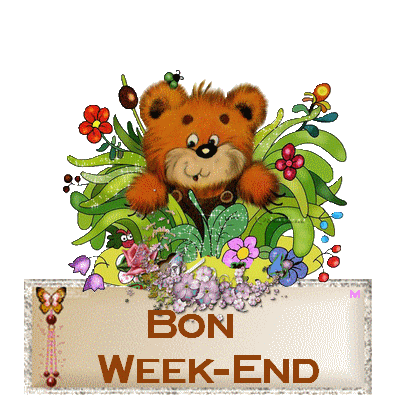 "Bon week-end" - Ourson sortant d'une bouillée de fleurs