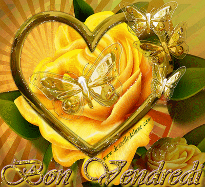 "Bon vendredi" - Coeur de papillons or sur rose jaune...