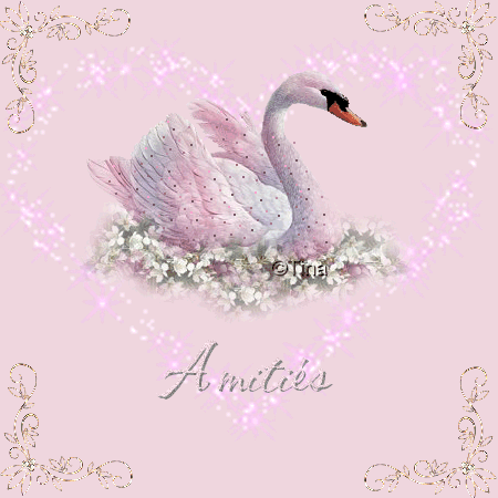 "Amitiés" - Cygne sur fond rose et coeur scintillant...