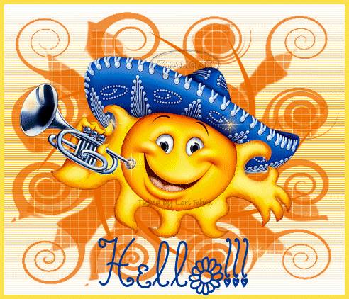 Soleil du Mexique avec sombrero et trompette "Hello!!!"