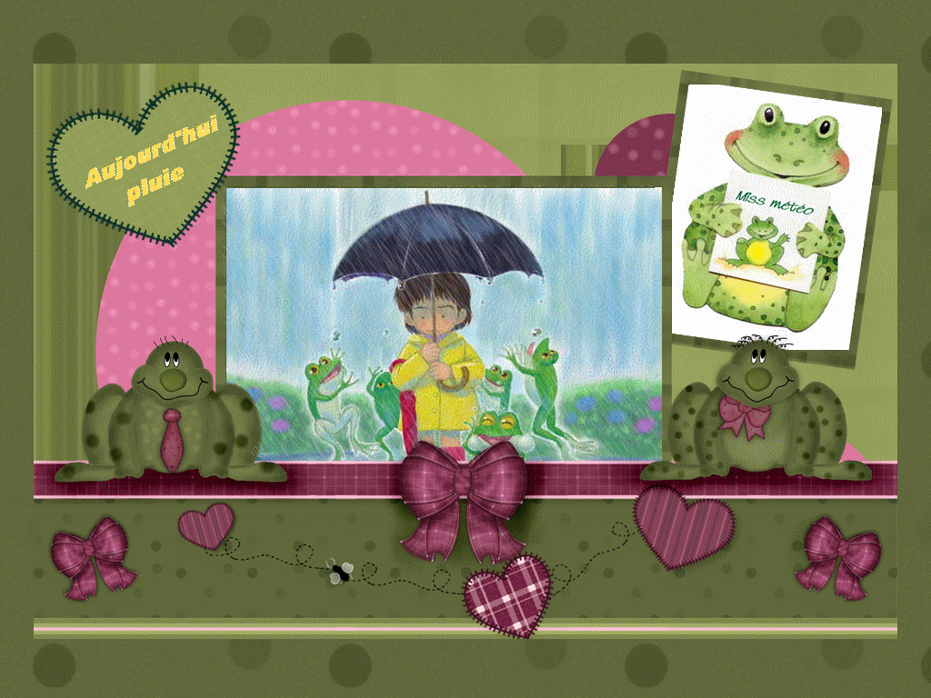 "Aujourd'hui pluie" dans un coeur avec enfant et grenouilles