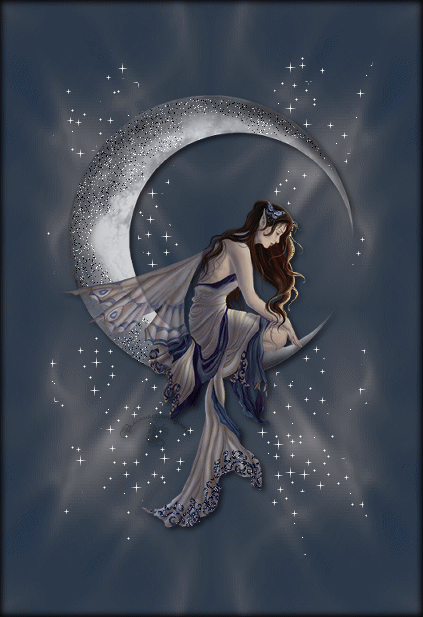 Elfe assise sur un croissant de lune et poussière d'étoiles