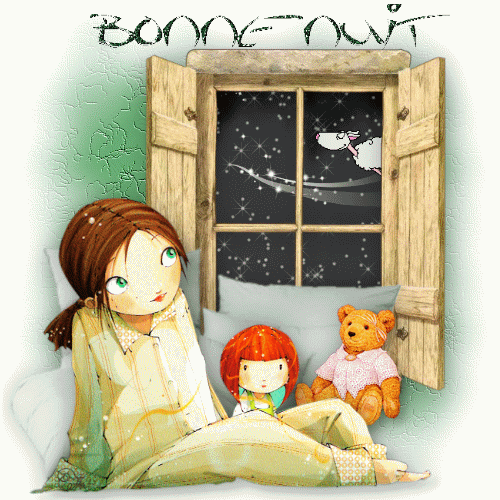 "Bonne nuit" - Fillette, sa poupée et son ours...