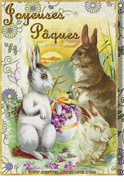"Joyeuses Pâques" - Lapins cueillant des violettes...