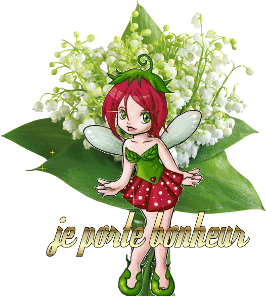 "Je porte bonheur" - Elfe devant un bouquet de muguets