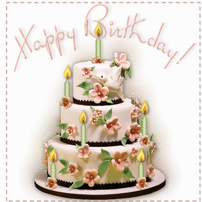 "Happy birthday!" - Gâteau orné de fleurs et oiseaux...