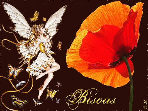 "Bisous" - Coquelicot et petite fée accompagnée de papillons