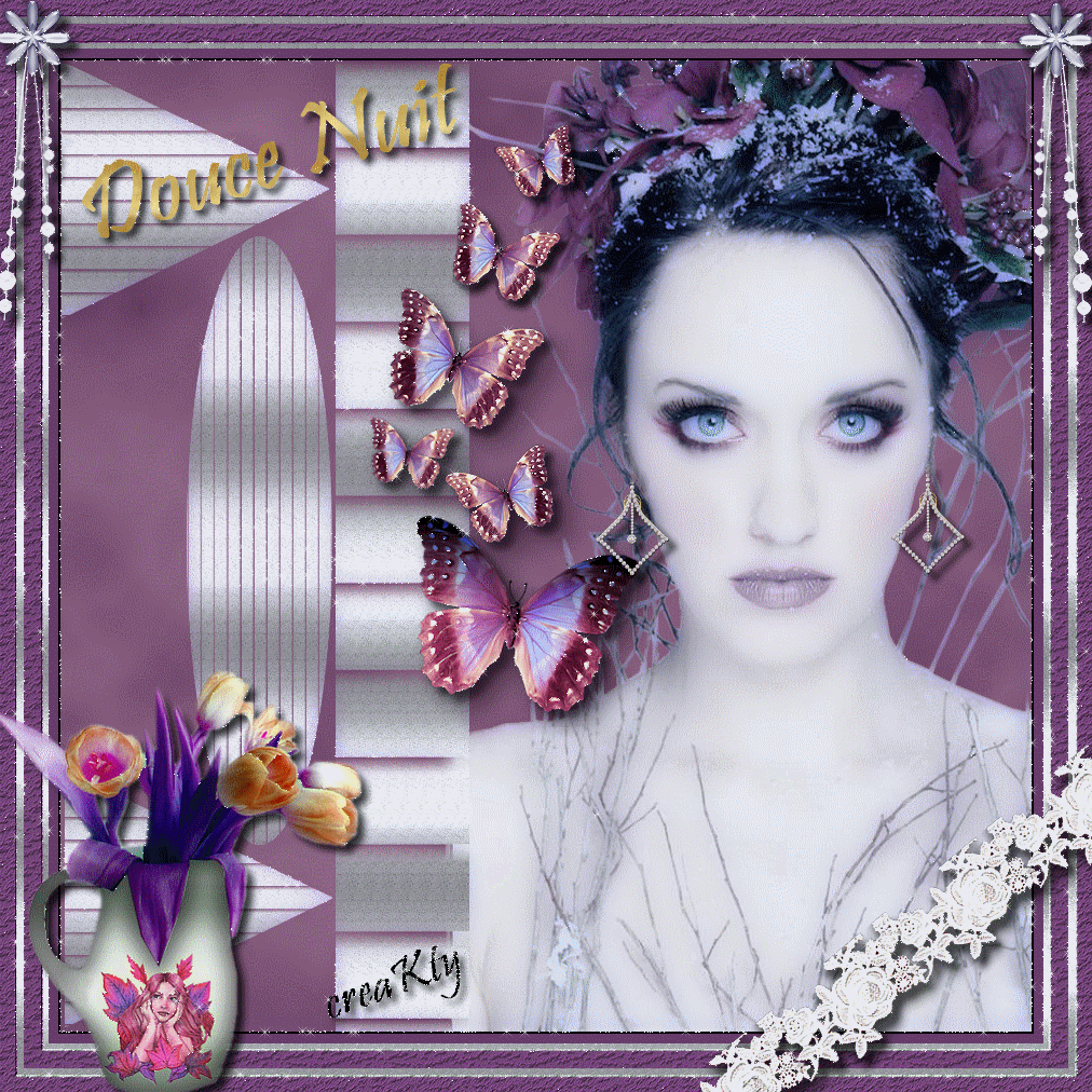 "Douce nuit" - Jolie femme aux papillons et bouquet...