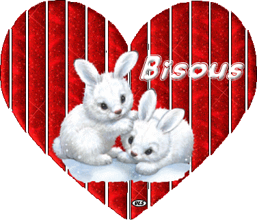 Deux petits lapins blancs dans un coeur rouge "Bisous"...