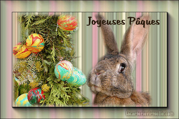 "Joyeuses Pâques" - Lapin et branche décorée d'oeufs colorés