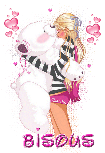 Jeune demoiselle et son gros ours en peluche blanc "Bisous"