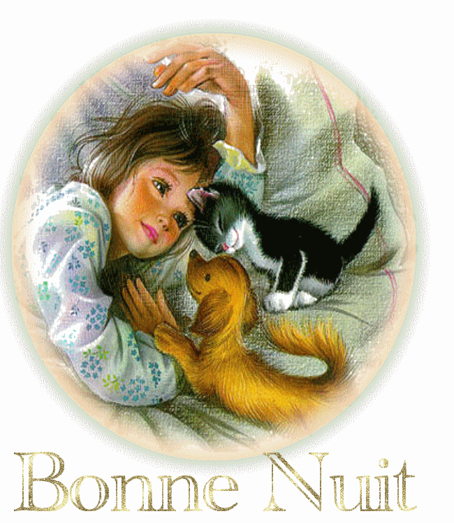 "Bonne nuit" - Fillette couchée avec son chien et son chat