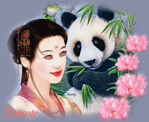 Jolie femme asiatique et panda "Bonsoir"...