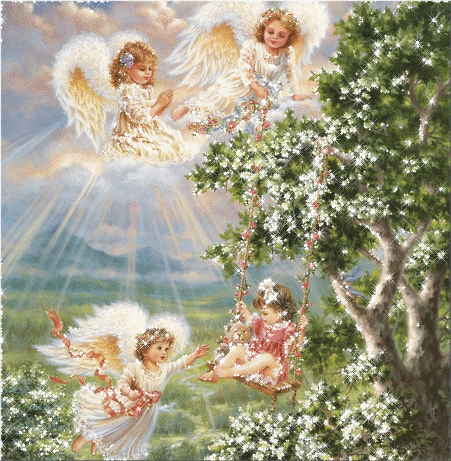 Les angelots veillent sur la fillette à la balançoire...