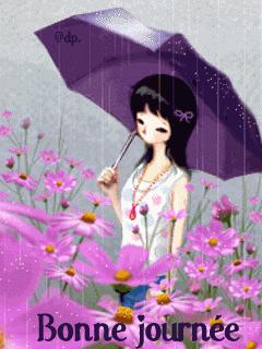 Pluie et fleurs mauves, une promeneuse "Bonne journÃ©e"...