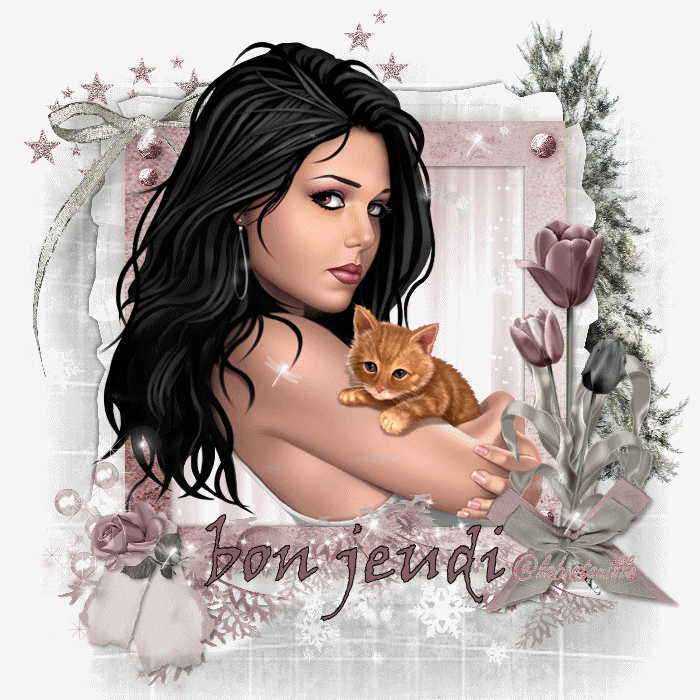 "Bon jeudi" - Jeune femme avec son chaton dans les bras