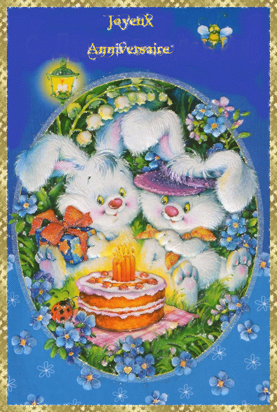 Lapins assis parmi les fleurs "Joyeux Anniversaire"