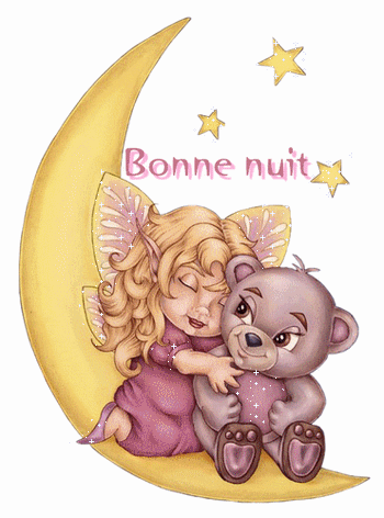 "Bonne nuit" - Elfe et son ours sur un croissant de lune