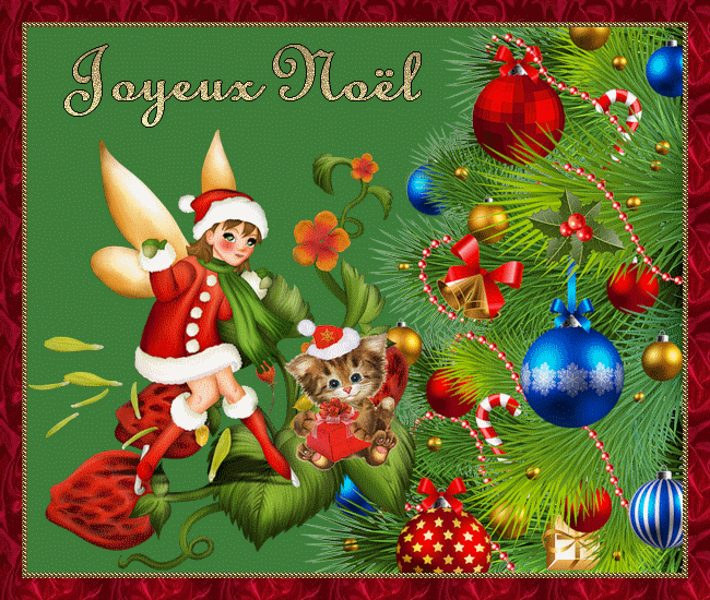 "Joyeux Noël" - Petit lutin et petit chat dans le sapin...