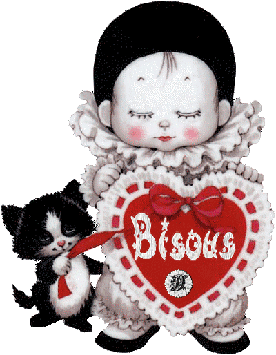 Petit clown blanc et son chaton avec un coeur "Bisous"...