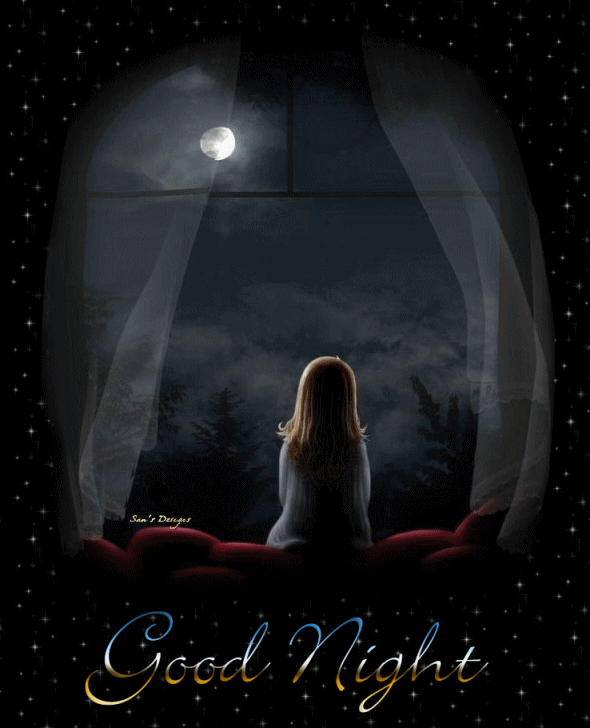 "Good night" - Fillette assise à regarder la lune...