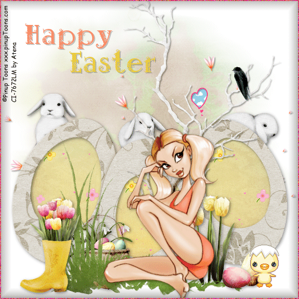 "Happy Easter" - Une jolie fille parmi les oeufs, lapins,etc