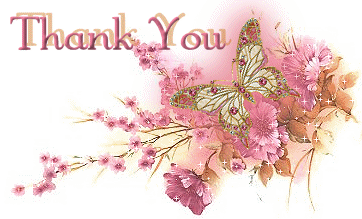 Papillon voletant au-dessus de fleurs roses "Thank you"