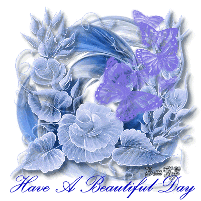 Papillons bleus sur des fleurs bleues "Have a beautiful day"