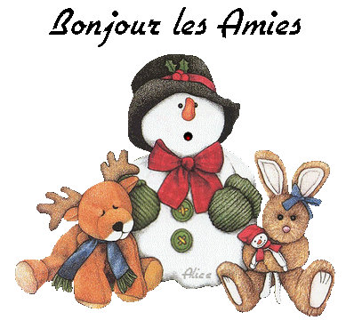 Bonhomme de neige, renne et lapin "Bonjour les amies"