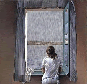 Depuis sa fenêtre, elle regarde la pluie tombée...