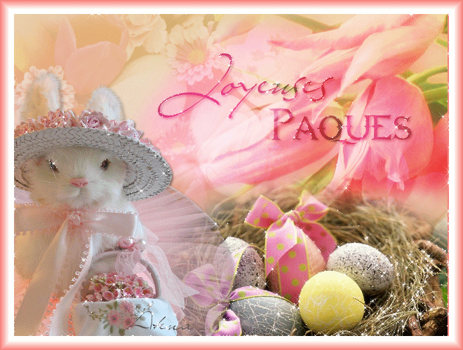"Joyeuses Pâques" - Joli lapin et nid plein d'oeufs...