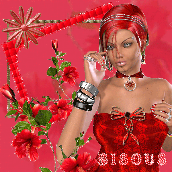 "Bisous" - Femme vêtue de rouge et hibiscus rouges...