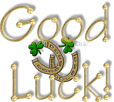 "Good luck!" - En lettres d'or avec fers à cheval et trèfles