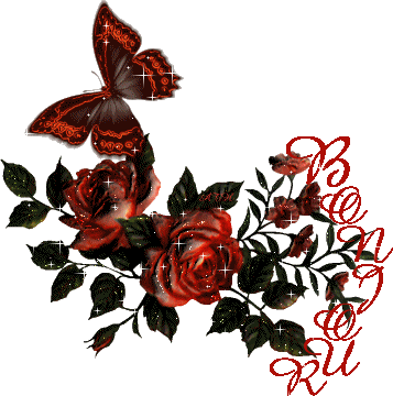 "Bonjour" - Papillon et roses rouges...
