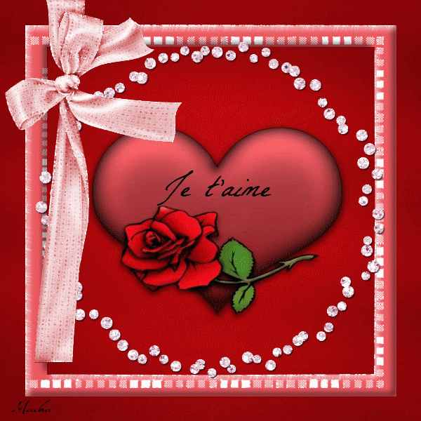 "Je t'aime" sur un coeur orné d'une rose et de diamants...