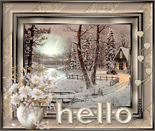 Paysage de neige et bouquet blanc "Hello"...