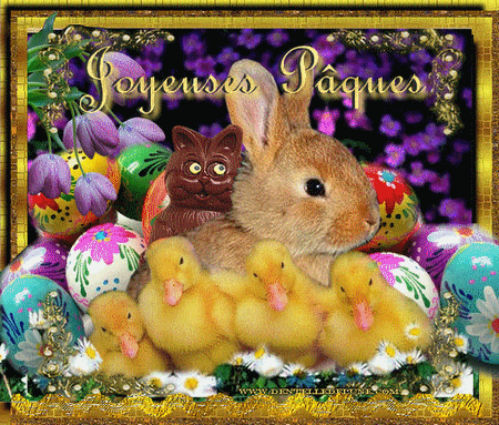 "Joyeuses Pâques" - Lapin, canetons, oeufs et chat...