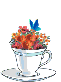 "Hello!" - Chat sortant d'une tasse avec chapeau fleuri...
