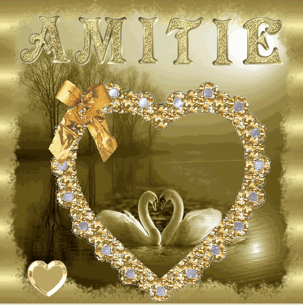 "Amitié" toute d'or entre coeur et cygnes...