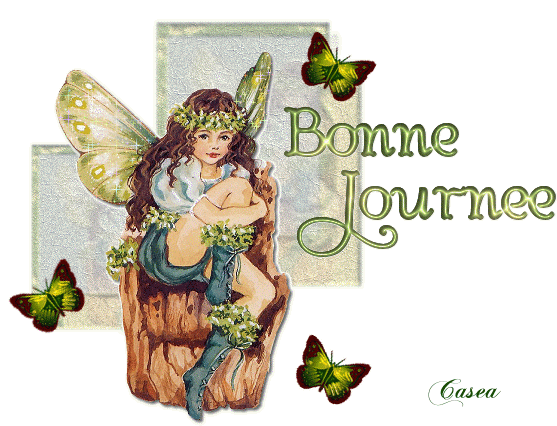 Jeune elfe entourée de papillons verts "Bonne journée"...