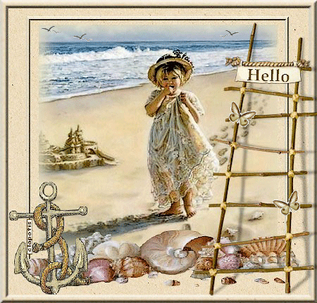 Fillette sur la plage à la recherche de coquillages "Hello"