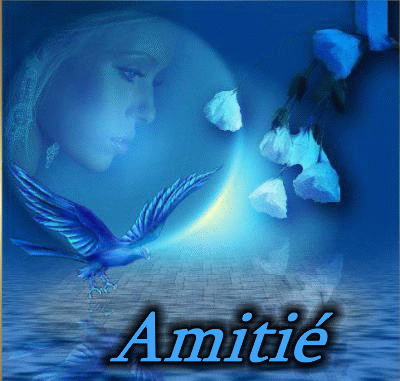 "Amitié" - Femme, fleurs et oiseau sur un fond bleu...
