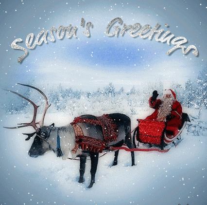 "Season's Greetings" - Père-Noël sur son traineau et renne