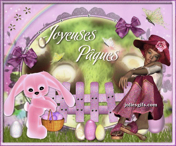 "Joyeuses Pâques" - Femme et lapin au ramassage d'oeufs