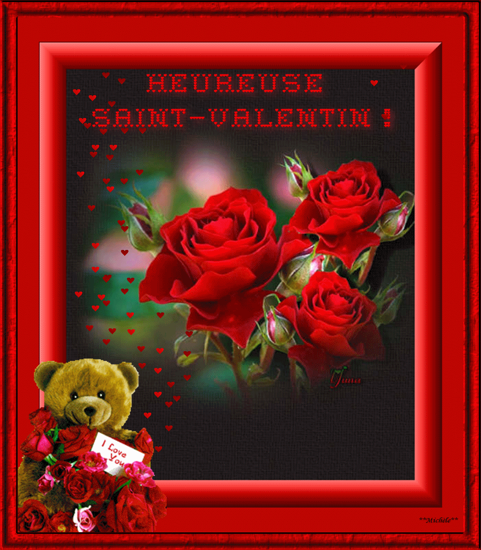 Roses rouges dans un cadre orné d'un ours en peluche...