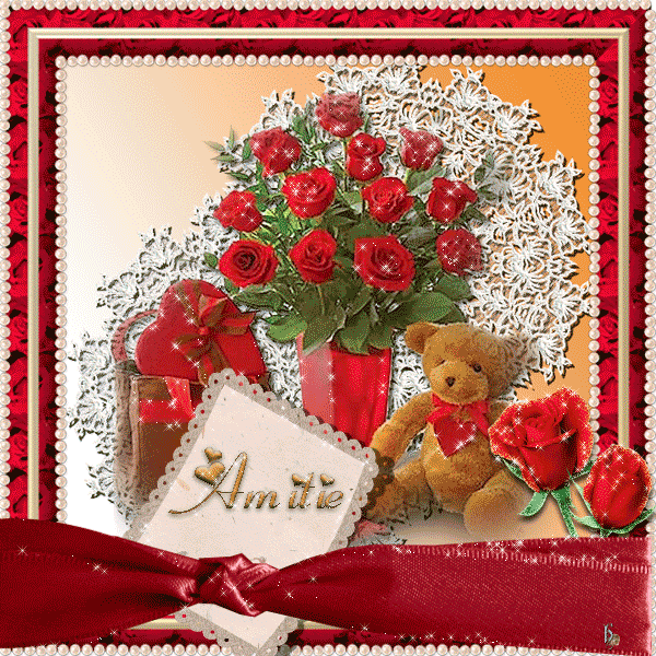 "Amitié" - Roses et oursons sur napperon de dentelle...