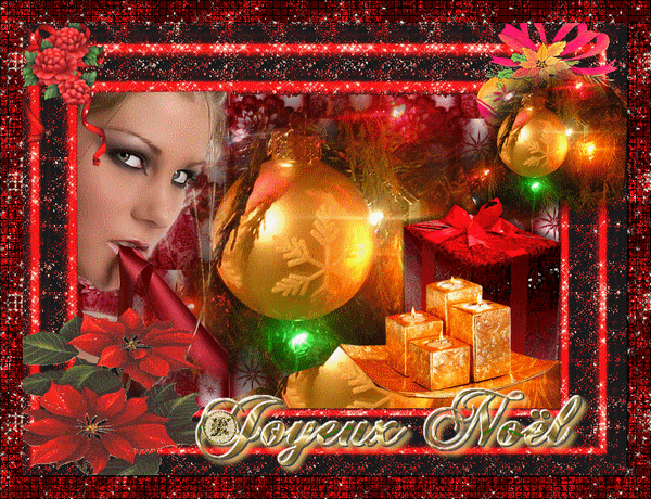 "Joyeux Noël" - Cadeaux, boules et poinsettias...